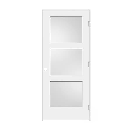 Trimlite 28"x80"x13/8" Primed 3Panel Equal Panel White Lami Glass Interior Shaker 69/16" LH Prehung 2468pri8433GLLH1D6916
